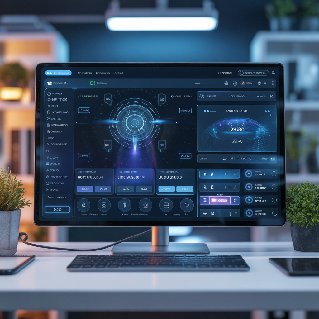 A sleek, futuristic software dashboard on a computer screen, glowing holographic elements, modern workspace, cinematic lighting, 8k resolution, no people